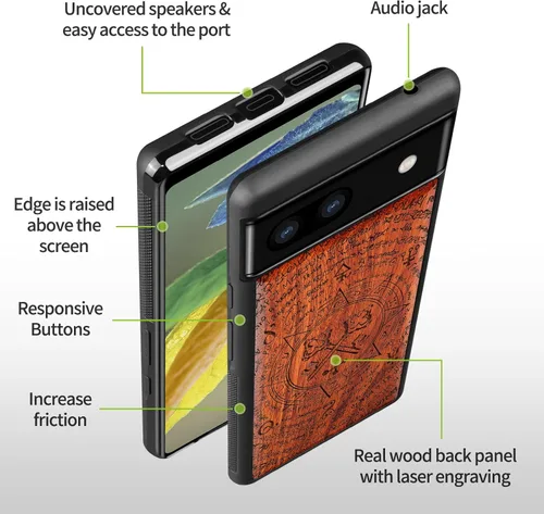 Vista 9 de Carveit Funda de madera para Pixel 6a 2022 [madera natural y TPU suave negro] a prueba de golpes, funda de madera única compatible con Google Pixel