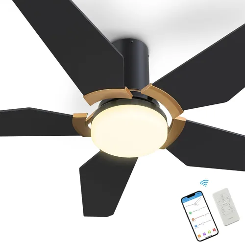 Vista 10 de SMAAIR Ventiladores de techo de montaje empotrado con luces y control remoto, 5 cuchillas de madera contrachapada tallada, motor BLDC silencioso