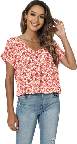 Vista 4 de QUEZHU - Blusas de verano para mujer, elegantes, de gasa, con cuello en V y estilo casual