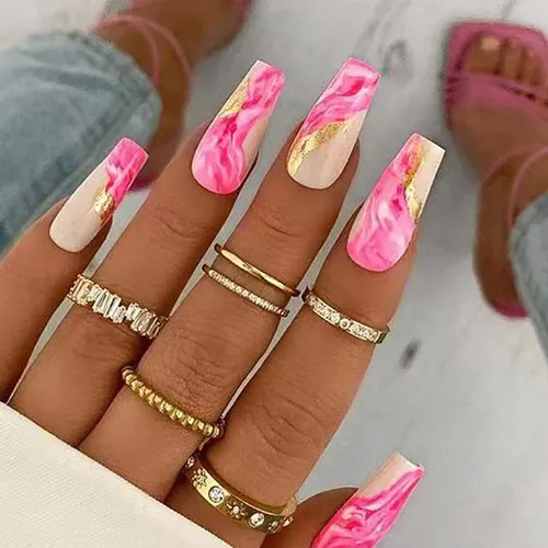 Vista 7 de Uñas postizas a presión de longitud cuadrada larga, cobertura completa, reutilizables, uñas postizas de bailarina, uñas adhesivas con diseños