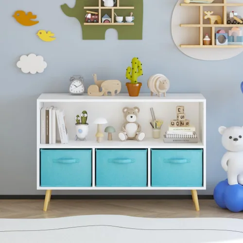 Vista 6 de Estantería infantil con 3 cajones de tela plegables, organizador de almacenamiento de juguetes con múltiples estantes para niñas y niños, habitación