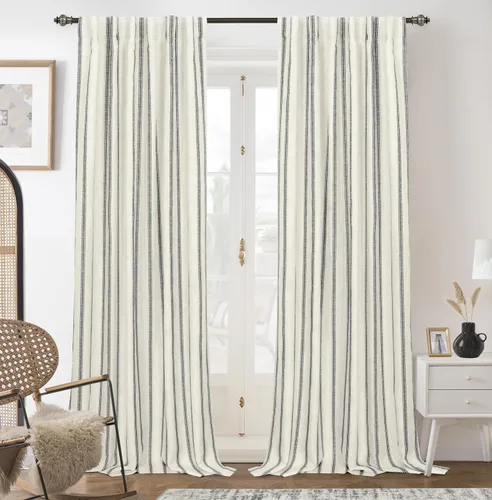 Vista 12 de DriftAway, cortinas de mezcla de lino estilo granja 100% opacas de 63 pulgadas de largo para dormitorio, cortinas de lino con rayas verticales