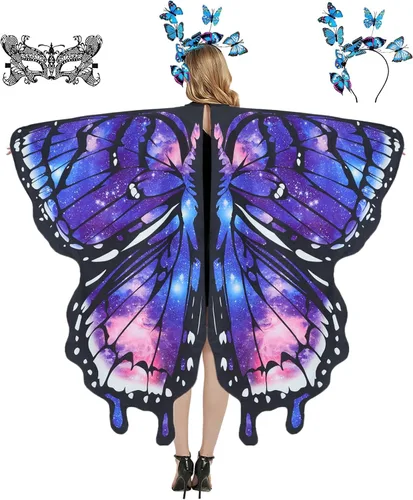 Vista 8 de Disfraz de alas de mariposa para mujer, alas de hada, disfraces de Halloween, capa de mariposa con máscara y diadema Azul-2