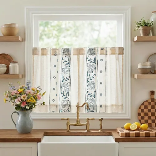 Vista 31 de jinchan Cortinas de lino floral beige para cocina, 24 pulgadas, 2 paneles A Beige