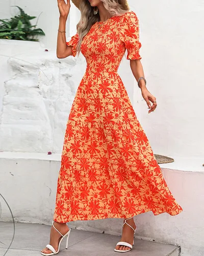 Vista 129 de BTFBM Vestidos para mujer, cuello redondo, casual, de verano, con volantes, manga corta, bohemio, con niveles, fruncido, largo, con estampado floral