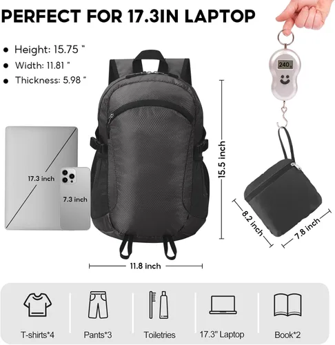 Vista 3 de Mochila pequeña de senderismo para viajes, ligera, plegable, mochila de día resistente al agua, mochilas plegables de 15L para viajes, mujeres, Negro