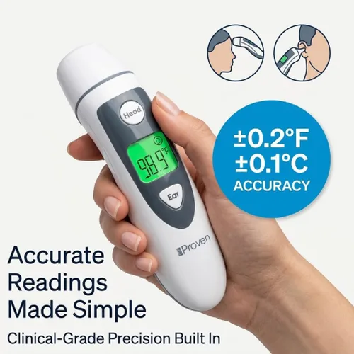 Vista 7 de Termómetro iProvèn para adultos en frente y oído - Alarma de fiebre, lectura en 1 segundo, indicador de temperatura por color, memoria de 20