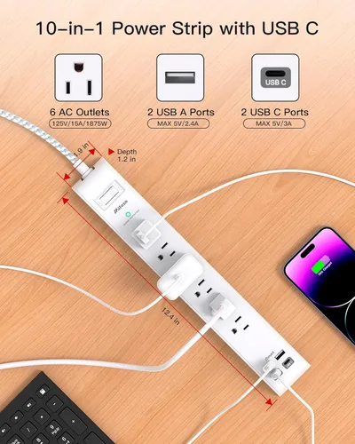 Vista 2 de Paquete de 2 regletas protectoras de sobretensión, 6 tomas, 4 puertos de carga USB, cable de extensión trenzado de 5 pies, enchufe plano, protección