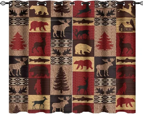 Vista 15 de Cortinas de oscurecimiento estilo campestre con osos, alces y ciervos, cortinas opacas para ventanas con ojales, tratamiento de ventanas eficiente