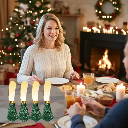 Vista 2 de Juego de cuchillos esparcidores de árbol de Navidad, cuchillos de mantequilla de acero inoxidable dorado, utensilios de servir para mermelada