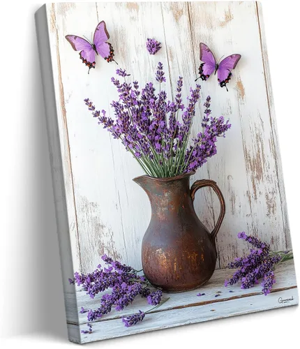 Vista 19 de gaosoul Arte de Pared de Lienzo de Granja Pintura de Campo Francés con Ramo de Lavanda Mariposas Fondo de Madera Envejecida Póster Floral Enmarcado