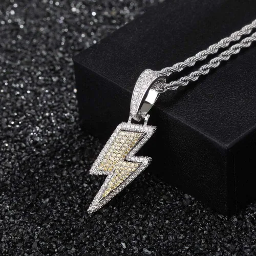 Vista 15 de JINAO Hip Hop - Colgante con diseño de rayo chapado en oro de 18 quilates con circonita cúbica con micropave de imitación de diamante para hombres