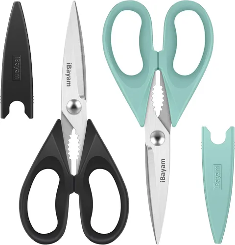 Vista 9 de iBayam Tijeras de cocina multiusos con funda protectora, tijeras de acero inoxidable duraderas, aptas para lavavajillas, mango cómodo de agarre suave