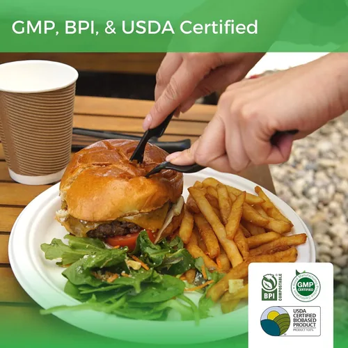 Vista 6 de Platos de papel, 100 % compostables, 10 pulgadas por 0.5 pulgadas de profundidad, plato desechable resistente, certificado (BPI), sin (PFAS)