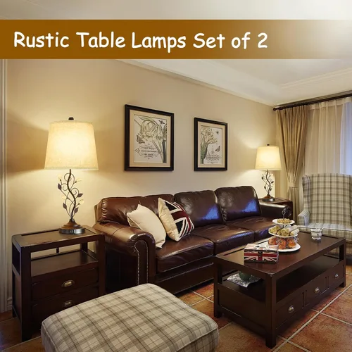 Vista 5 de Sheetea Juego de 2 lámparas de mesa estilo granja de 24.5 pulgadas, lámparas rústicas para dormitorio con 2 puertos de carga USB, pantalla de tela