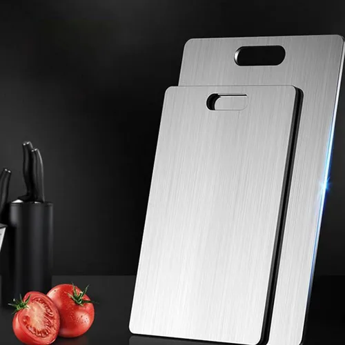 Vista 5 de Tabla de cortar de acero inoxidable de doble cara, tabla de cortar de grado alimenticio de doble cara, segura y práctica, para cortar carne, frutas