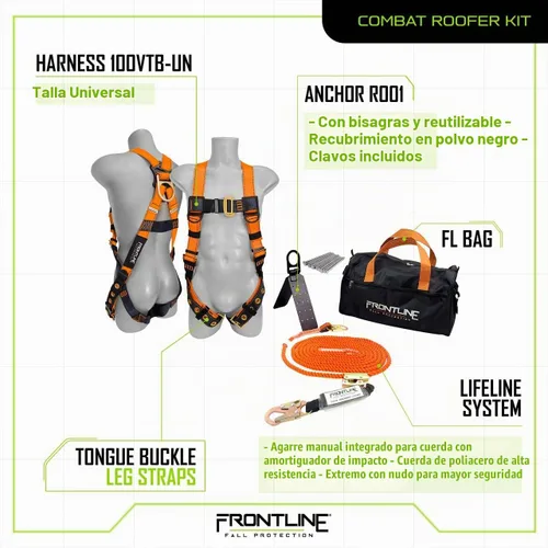 Vista 2 de Kit completo de techadores Frontline Combat con arnés de cuerpo completo Lifeline Combat™ de 50 pies Cumple con OSHA y ANSI