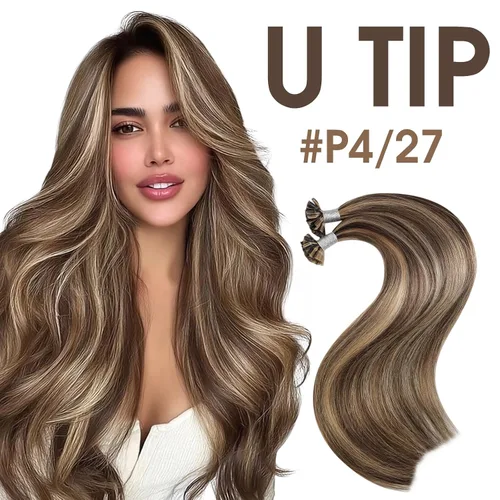 Vista 9 de Moresoo Extensiones de cabello humano con punta K de 24 pulgadas, extensiones de cabello humano con reflejos castaño medio con rubio caramelo