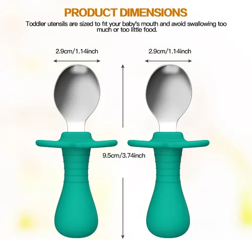 Vista 7 de Juego de 4 cucharas para bebés, juego de cubiertos para niños con mango de silicona, cucharas seguras para niños de acero inoxidable 18/8, sin BPA
