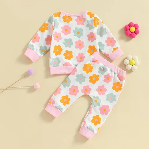 Vista 7 de MAYUMMPY Conjunto de 2 piezas de sudadera con cuello redondo floral y pantalones para bebé niña