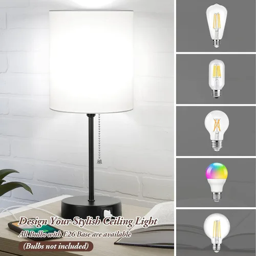 Vista 6 de Juego de 2 lámparas de mesa con puertos de carga USB, lámparas de noche blancas con salida de CA, lámparas de mesita de noche con interruptor