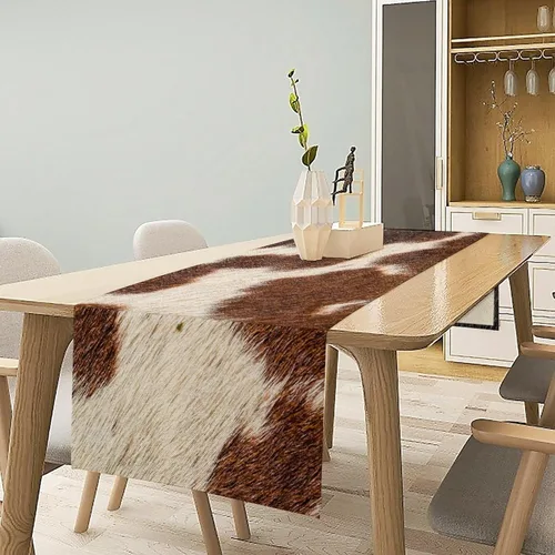 Vista 2 de YCness Camino de mesa con estampado de vaca, piel de vaca marrón, estilo occidental, decoración de casa de campo para el hogar, cocina, comedor, 13