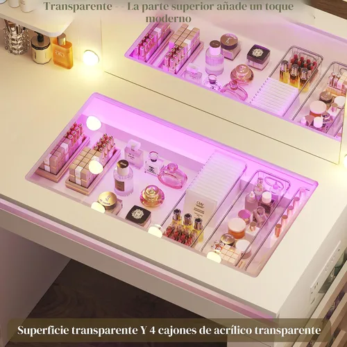 Vista 10 de Escritorio de tocador con espejo iluminado y parte superior transparente, escritorio de tocador de maquillaje con 4 cajones transparentes e