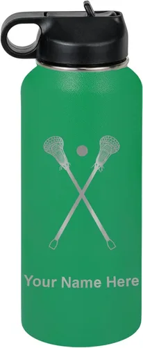Vista 30 de LaserGram Botella de agua personalizada, palitos de lacrosse, acero inoxidable de doble pared aislada al vacío con popote superior, regalo grabado