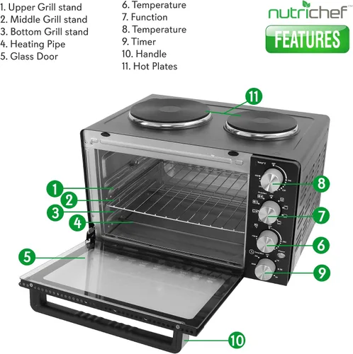 Vista 3 de NutriChef Horno de convección de cocina de 30 cuartos + quemador de hierro fundido doble Elite Gourmet EDB-302BF