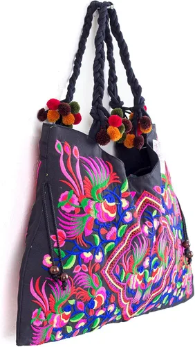 Vista 3 de Triángulo Hill tribetote Bolsa con correa ajustable Negro bordado Thai Comercio Justo