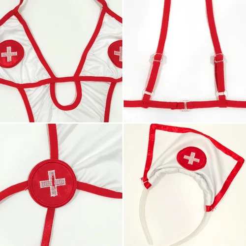 Vista 3 de HOTSO Traje sexy de enfermera con liguero para mujer, disfraz de enfermera traviesa, juego de rol, lencería de médico, cosplay, babydoll con diadema
