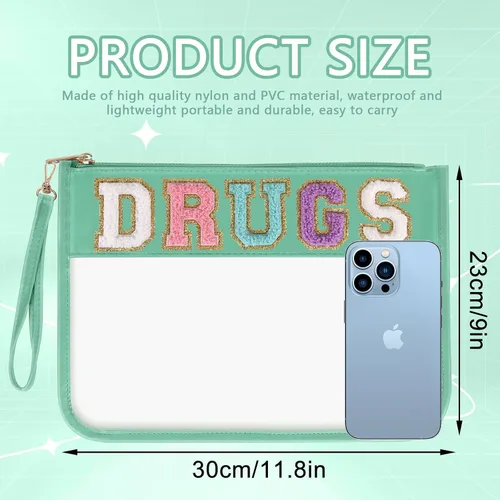 Vista 2 de Iqimott Bolsa de parche de felpilla con letras MEDS transparente, bolsa de maquillaje portátil de preparación para mujeres y niñas, viajes, bolsa