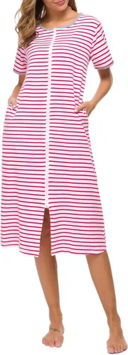 Vista 5 de Camisones de manga corta con cremallera frontal para mujer, batas de algodón de longitud completa, abrigo suelto con bolsillos, S-XXL