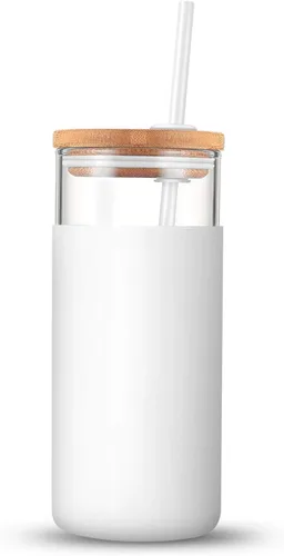 Vista 4 de Tronco - Vaso de vidrio de 20 onzas con tapa de bambú y pajilla, botella de vidrio con funda protectora de silicona, vaso reutilizable para licuado