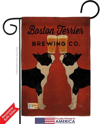 Vista 2 de Boston Terrier Brewing Garden Banderas de 2 piezas de animales, perros, cachorros, patas arruinadas, piel canina, mascota, naturaleza, granja