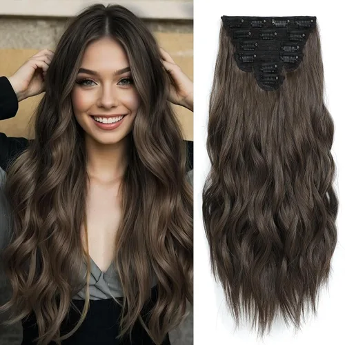 Vista 8 de Extensiones de cabello con clip para mujer, mezcla negra oscura con reflejos marrón claro, 20 pulgadas, 6 piezas, extensiones de cabello largo