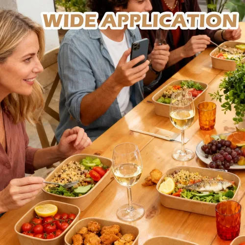 Vista 7 de Paquete de 50 cuencos de papel kraft desechables de 25 onzas con tapas, recipientes rectangulares de papel para alimentos, recipientes