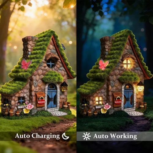 Vista 11 de Estatuas de casa de hadas de resina ASAWASA con luces solares, esculturas de jardín divertidas con decoración flocada y adoquinada, exquisitas