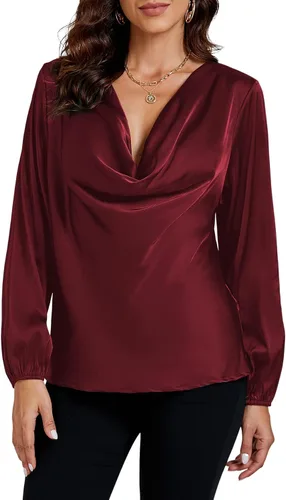 Vista 6 de LYANER Blusa de satén sedoso con cuello drapeado frontal de manga larga para mujer