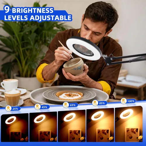 Vista 4 de Akynite 12 lupas con luz y soporte, lámpara de escritorio con lupa de cristal real de 144 LED con base y abrazadera, 5 modos de color, lupa