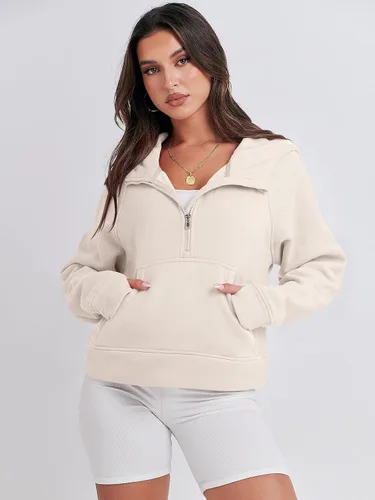 Vista 3 de ANRABESS Sudaderas con capucha corta con media cremallera para mujer, sudadera de forro polar con cremallera de un cuarto, ropa de invierno 2023