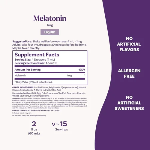Vista 7 de Natrol Melatonina líquida de 1 mg, suplemento de melatonina para adultos para conciliar el sueño más rápido y permanecer dormido más tiempo
