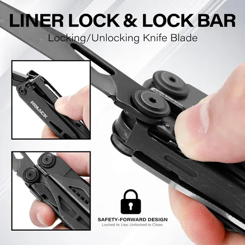 Vista 6 de Tijeras y alicates multiherramienta 21 en 1 con cortadores de tungsteno, autobloqueo Kit EDC duradero y resistente para camping, reparación, Negro