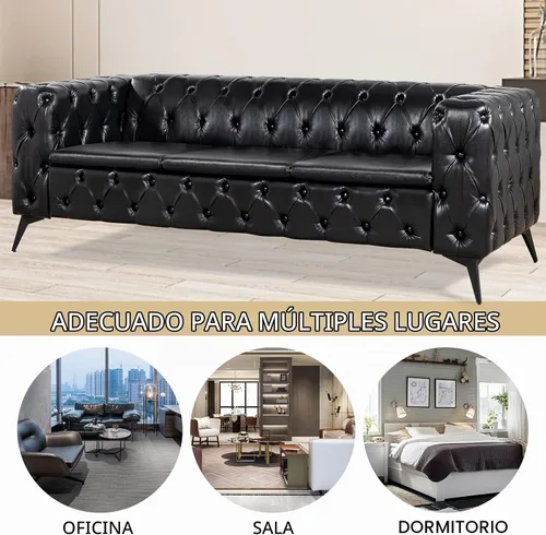 Vista 7 de Sofás negros para sala de estar, moderno sofá Chesterfield copetudo, asiento profundo, cómodo sofá de piel sintética, brazos enrollados plisados