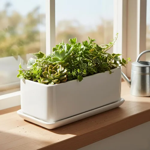 Vista 2 de Maceta moderna rectangular minimalista de cerámica de 10 pulgadas para plantas suculentas/Caja abierta con platillo, Moderno, Blanco