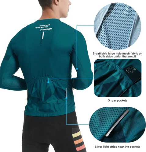 Vista 54 de Santic - Camiseta de ciclismo para hombre, manga larga, reflejante, cremallera completa, con bolsillos