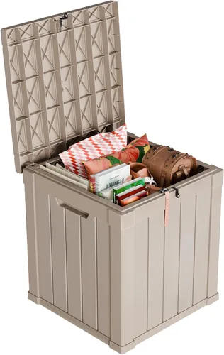 Vista 14 de Caja de resina de 30 galones para terraza, caja de almacenamiento para patio al aire libre con cierre para muebles, herramientas de jardín