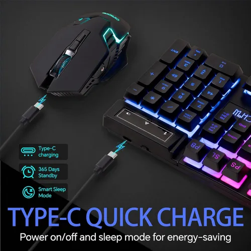 Vista 3 de CHONCHOW Combo de Teclado y Ratón Inalámbrico - 2.4G Recargable USB Arcoíris LED Retroiluminado Teclado Inalámbrico para Juegos, Teclas Multimedia