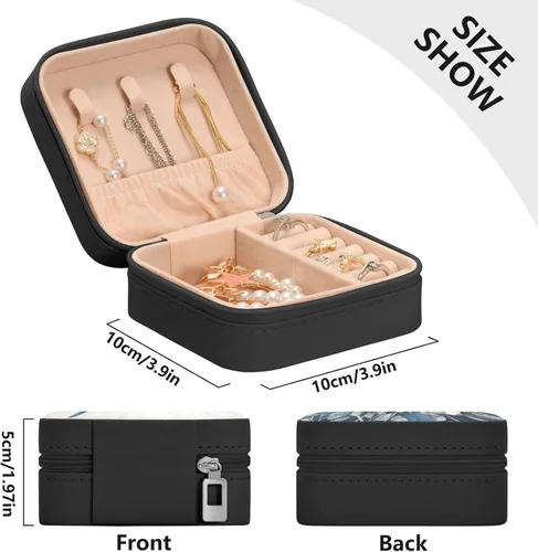 Vista 5 de Flradish White Blue Roses Travel Jewelry Case PU Leather Mini Jewelry Travel Case Portable Travel Jewellery Ring Organizer for Womens Rings Earrings