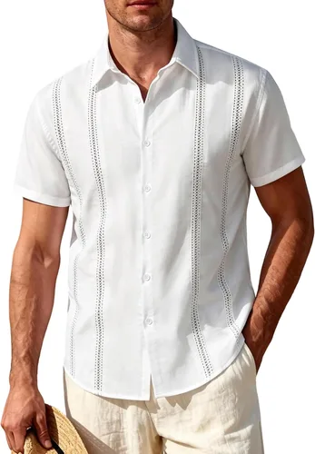 Vista 12 de JEMITOP Camisa de guayabera cubana para hombre, casual, con botones, manga corta, para verano, crucero, playa, vacaciones